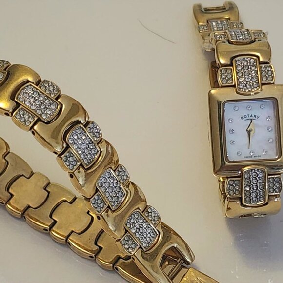 Rotary Rectangular Gold plated Watch Studded  Clear Stones and Matching Bracelet - Picture 1 of 3